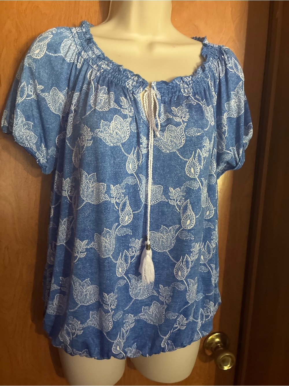 Blue Floral Peasant Blouse with Tassel Tie